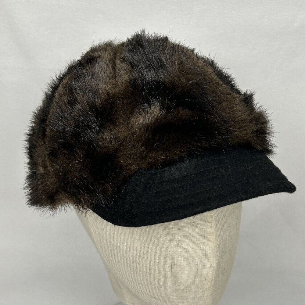 Vintage San Diego Hat Co Newsboy Cabbie Cap Womens Faux Fur OSFA Brown Wool Brim